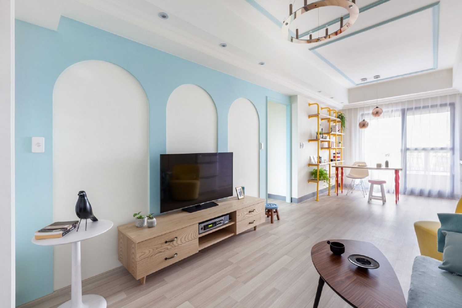 10-15万装修,60平米装修,一居室装修,客厅,北欧风格,电视背景墙,蓝色