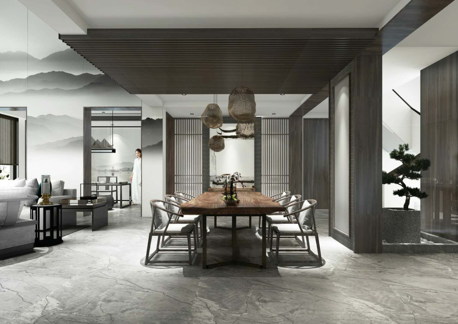 中式风格,别墅装修,140平米以上装修,20万以上装修,餐厅,餐桌,灰色
