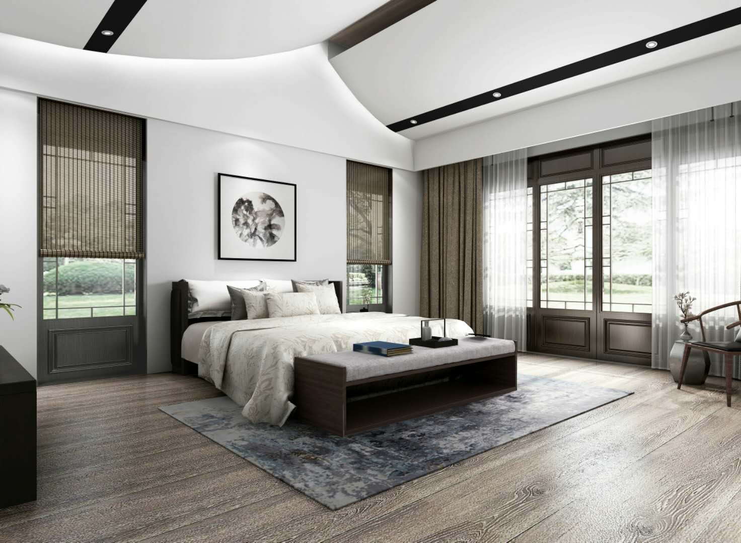 中式风格,别墅装修,140平米以上装修,20万以上装修,卧室,地板,吊顶