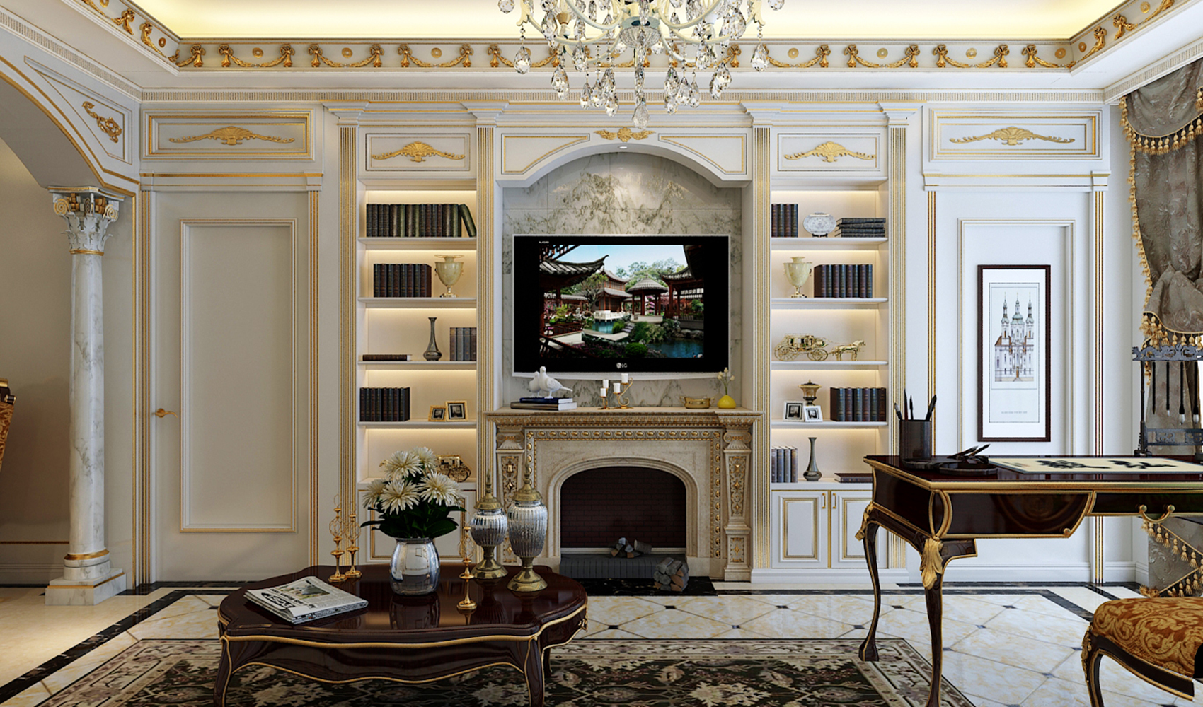 别墅装修,140平米以上装修,豪华型装修,客厅,法式风格,电视背景墙,金色