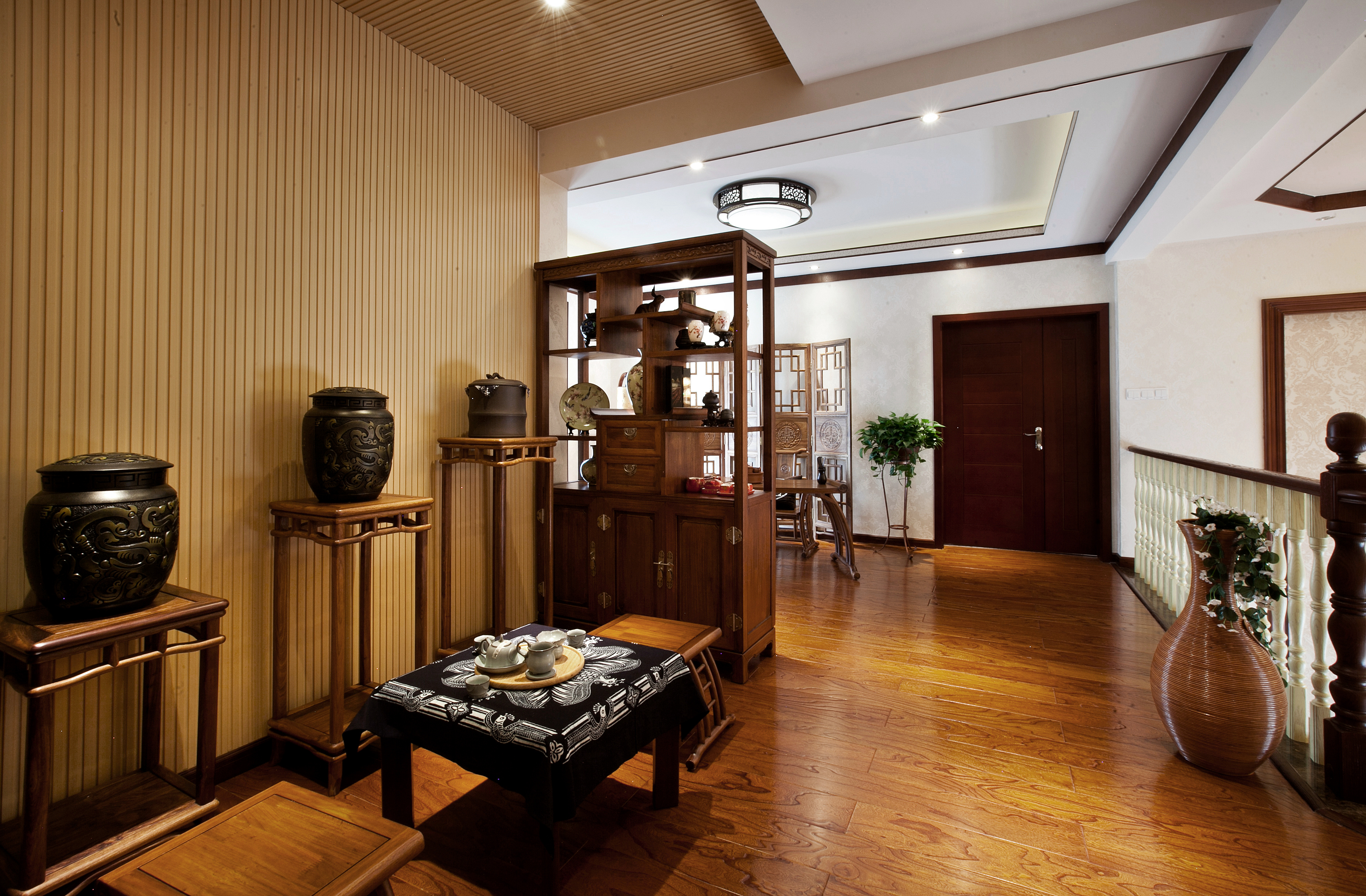 中式风格,别墅装修,140平米以上装修,20万以上装修,过道,茶室,地板,原木色