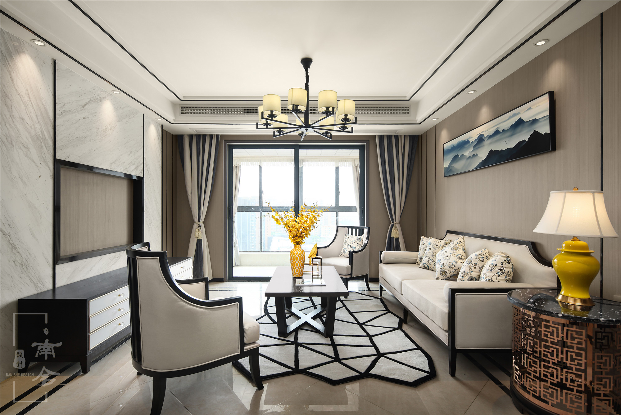 中式风格,120平米装修,三居室装修,20万以上装修,客厅,沙发背景墙,灰色