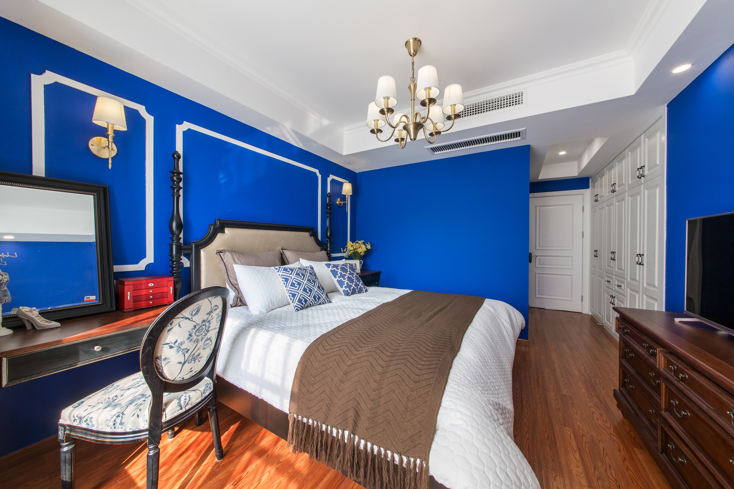 美式风格,20万以上装修,100平米装修,三居室装修,卧室,卧室背景墙,蓝色