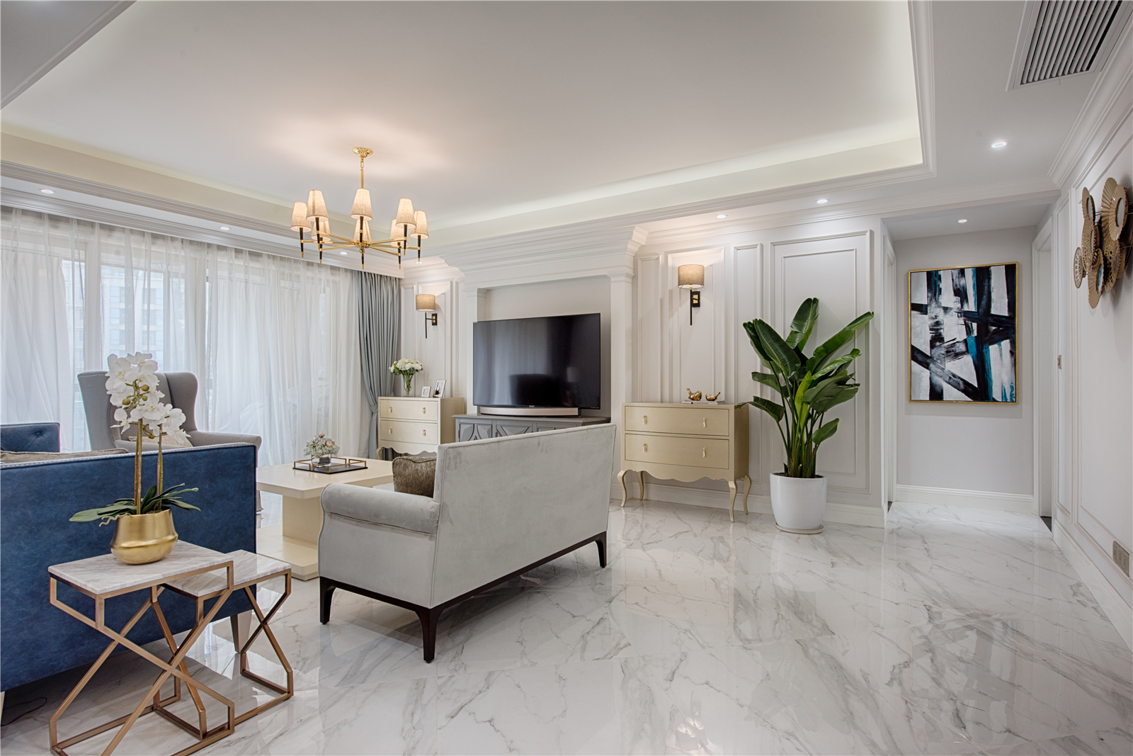 美式风格,三居室装修,130平米装修,20万以上装修,客厅,客厅过道,白色