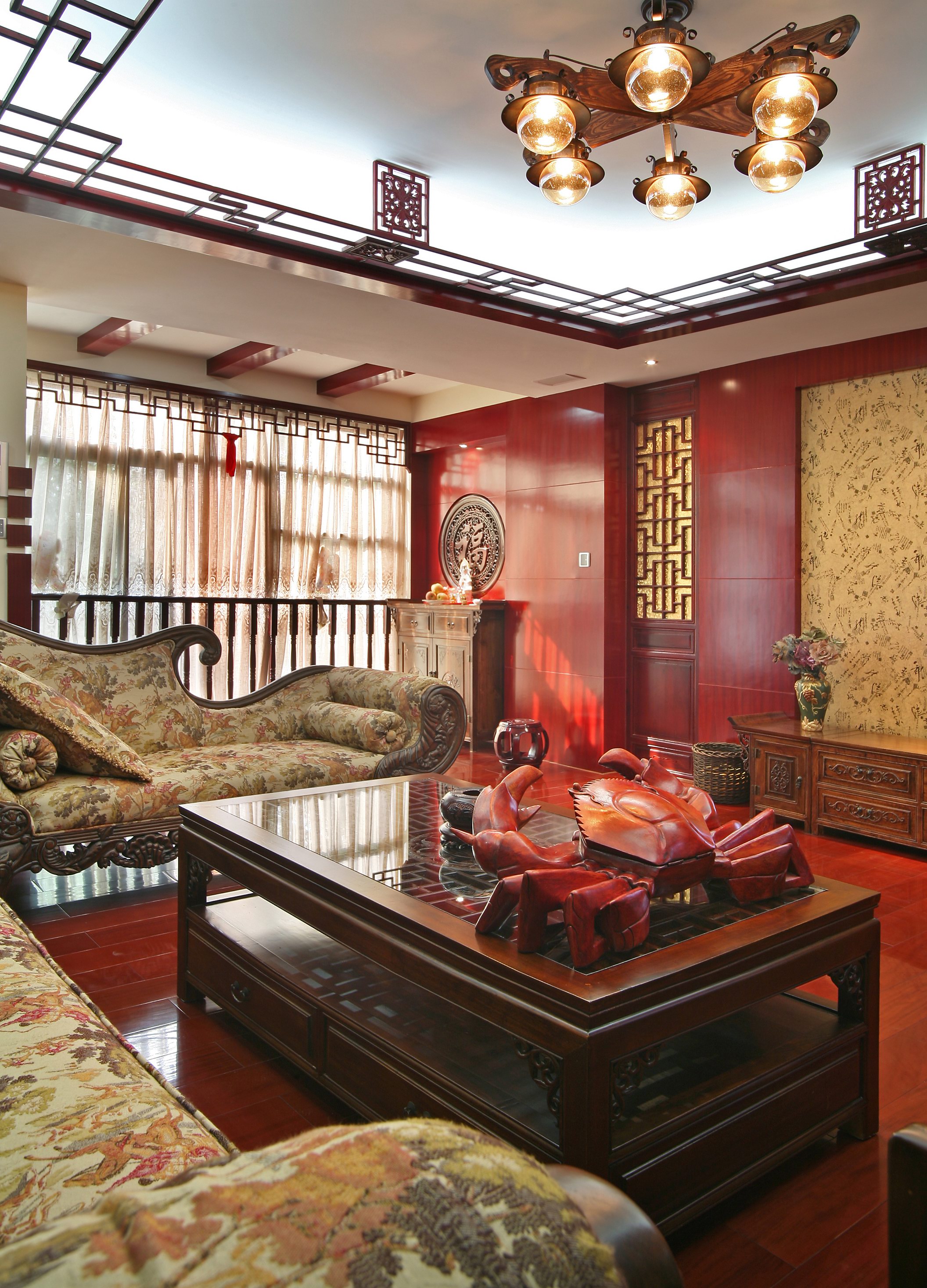 中式风格,20万以上装修,复式装修,140平米以上装修,客厅,茶几,红色