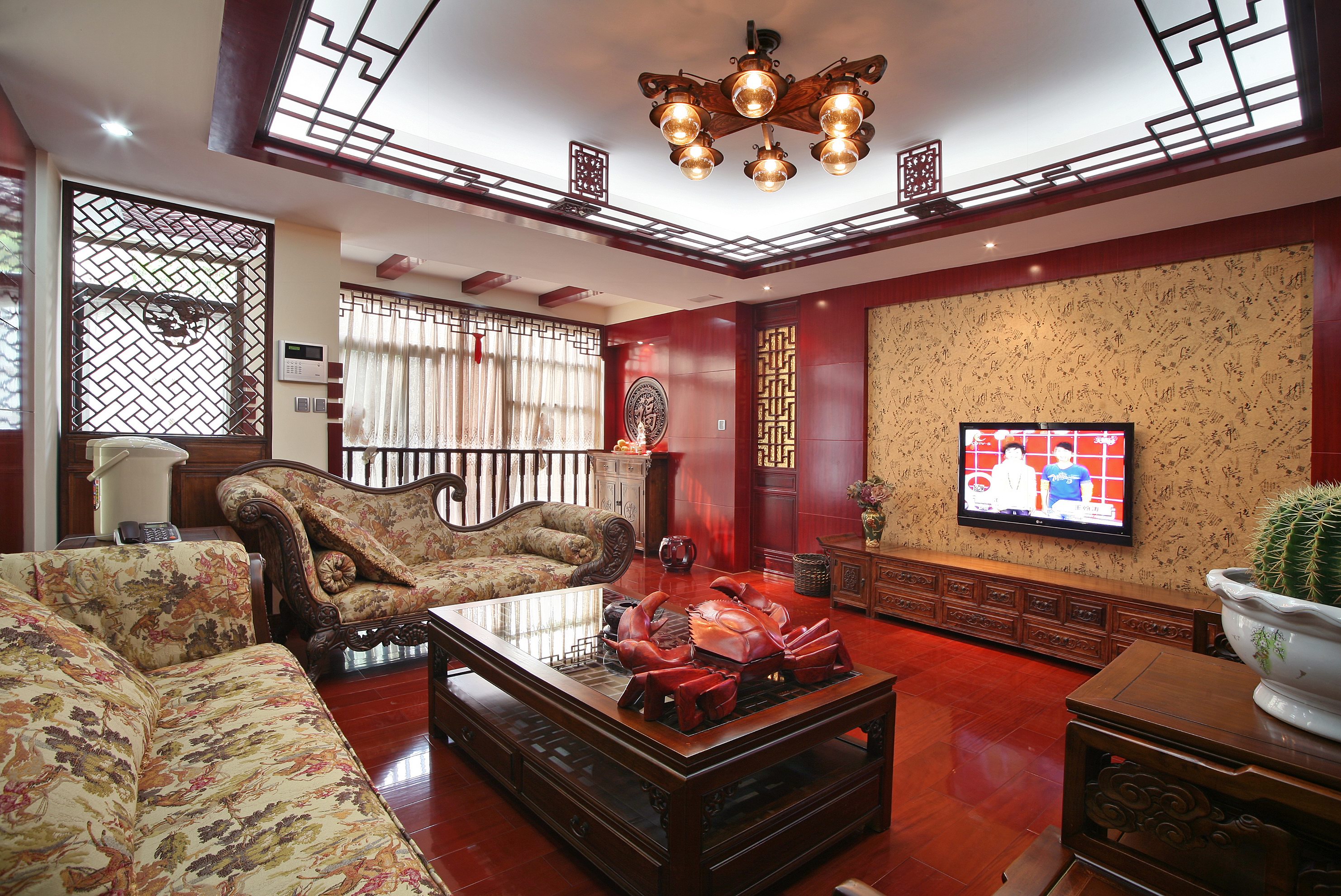 中式风格,20万以上装修,复式装修,140平米以上装修,客厅,电视背景墙