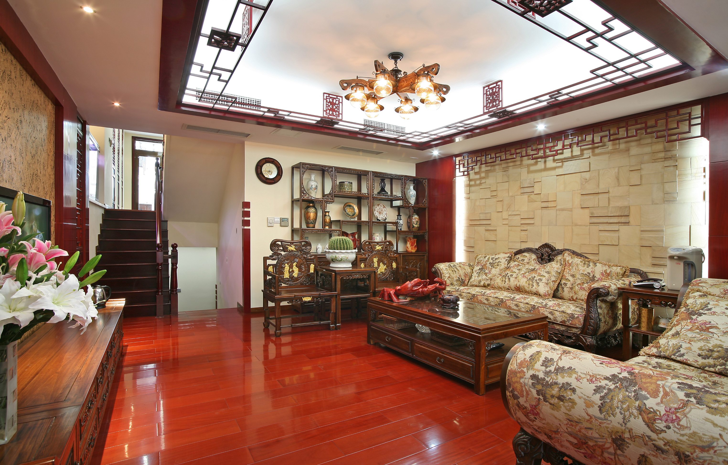 中式风格,20万以上装修,复式装修,140平米以上装修,客厅,米色,沙发背景墙