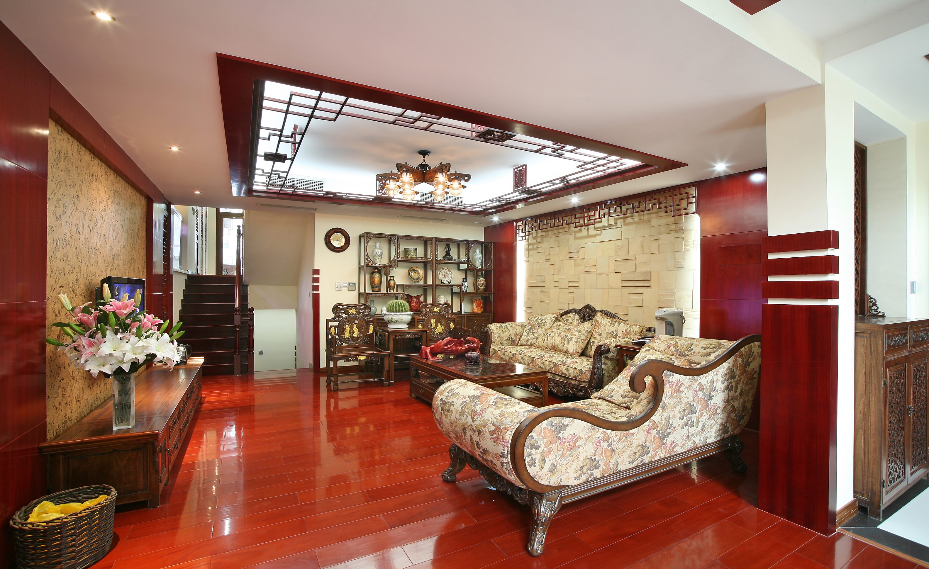 中式风格,20万以上装修,复式装修,140平米以上装修,客厅,吊顶,红色