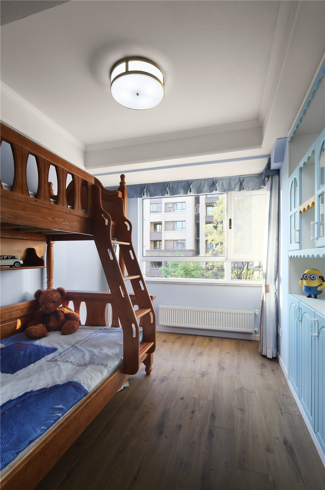 美式风格,三居室装修,130平米装修,20万以上装修,卧室,背景墙,儿童床,蓝色
