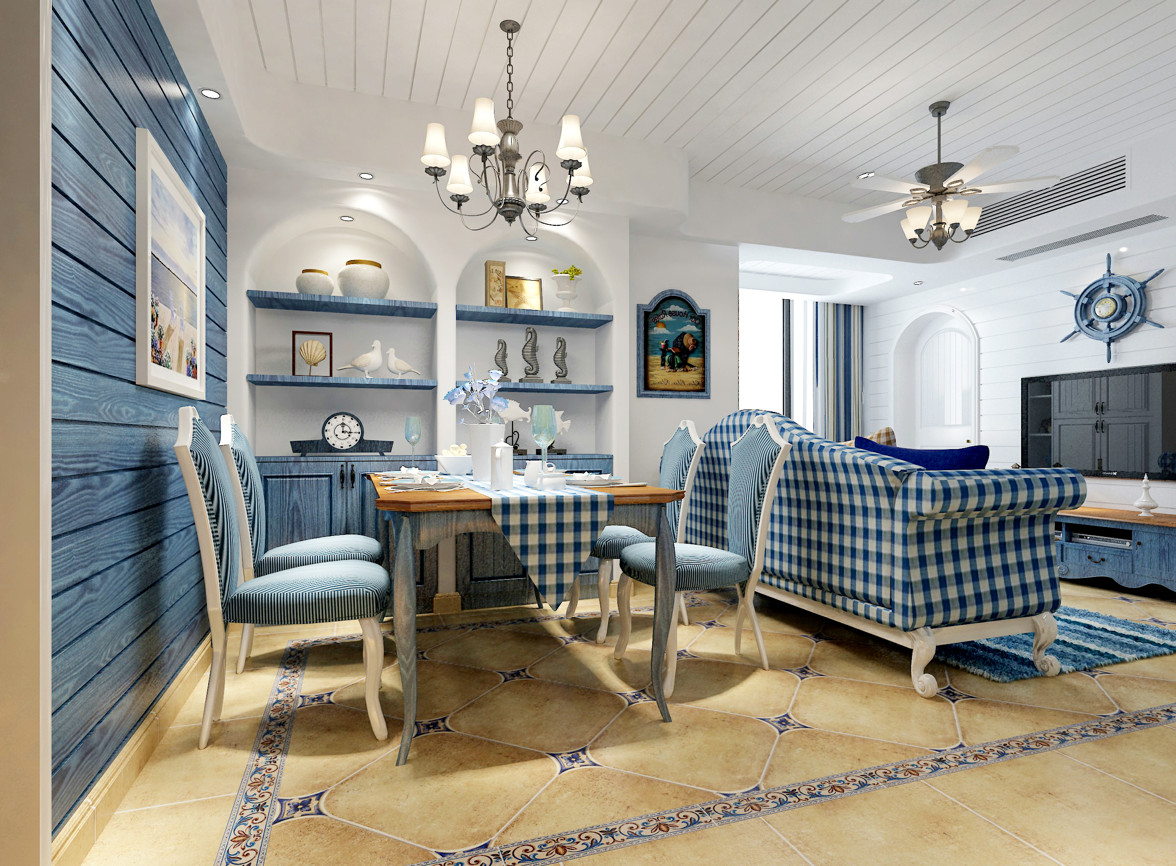 地中海风格,三居室装修,20万以上装修,130平米装修,餐厅,餐桌,背景墙,蓝色