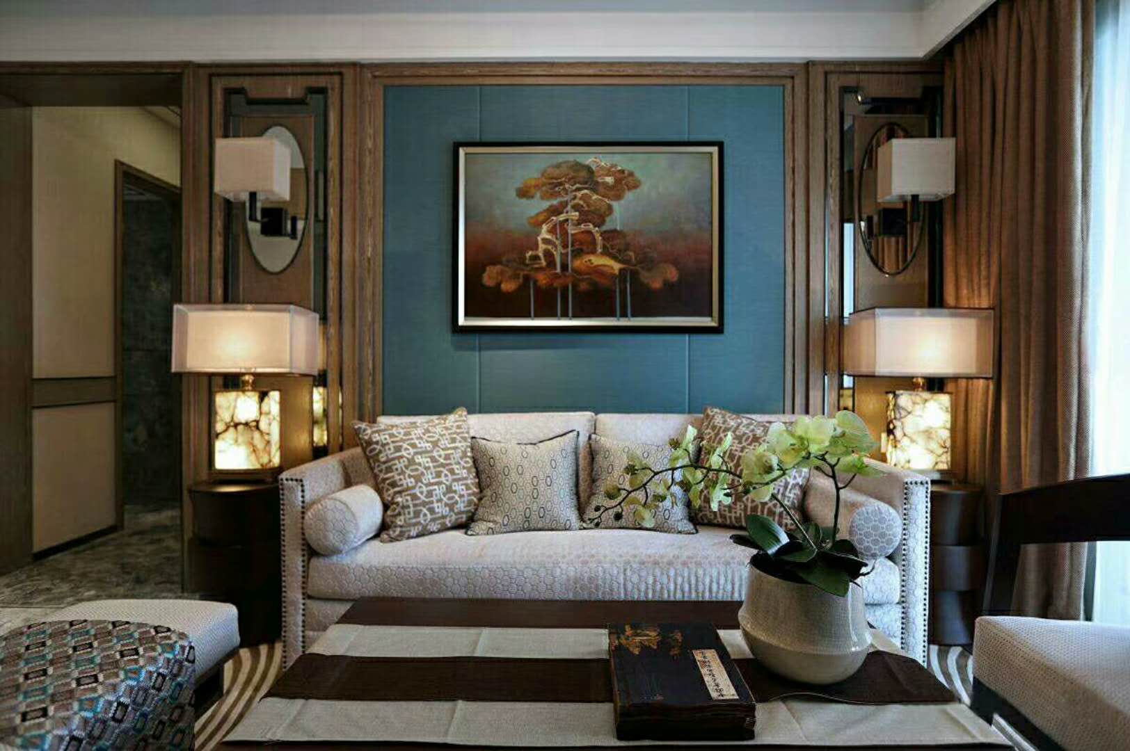 中式风格,20万以上装修,三居室装修,130平米装修,客厅,沙发背景墙,蓝色