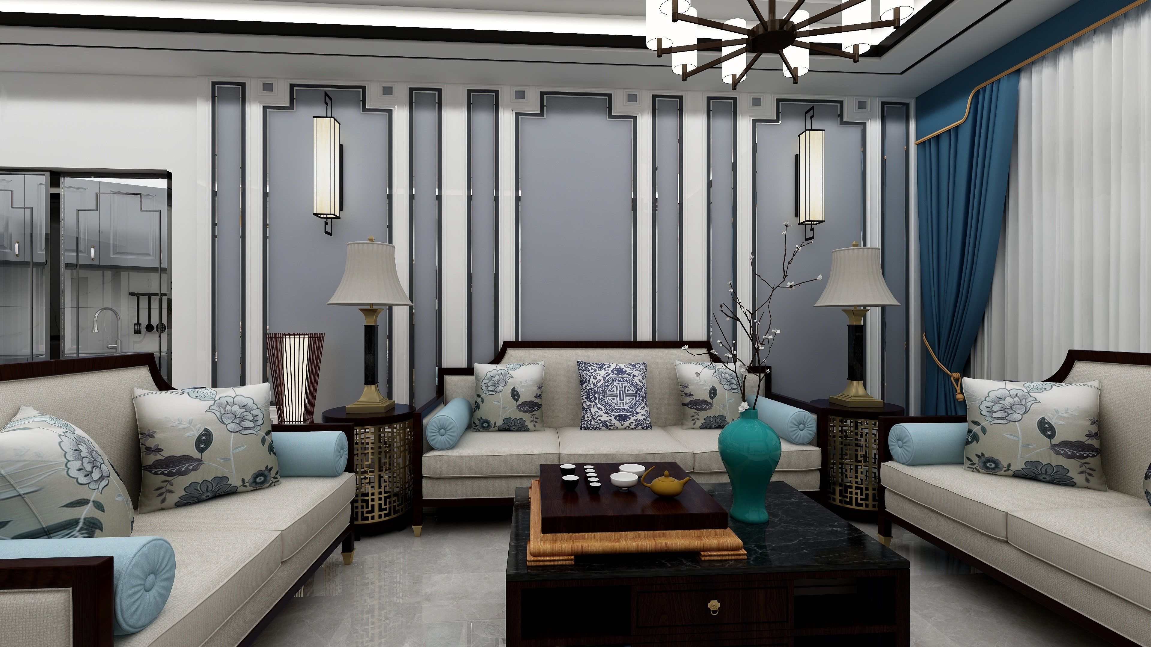 新中式三居沙发背景墙装修效果图