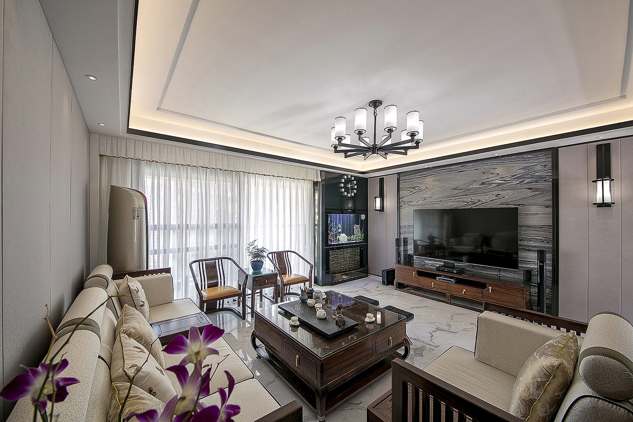 200平新中式客厅电视墙装修效果图