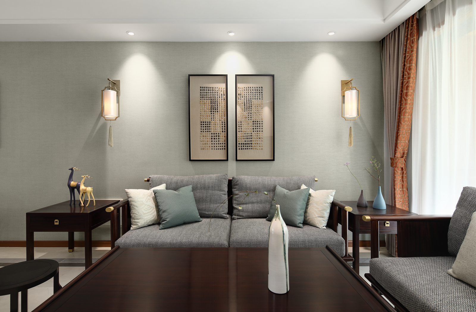 现代新中式三居沙发背景墙装修效果图