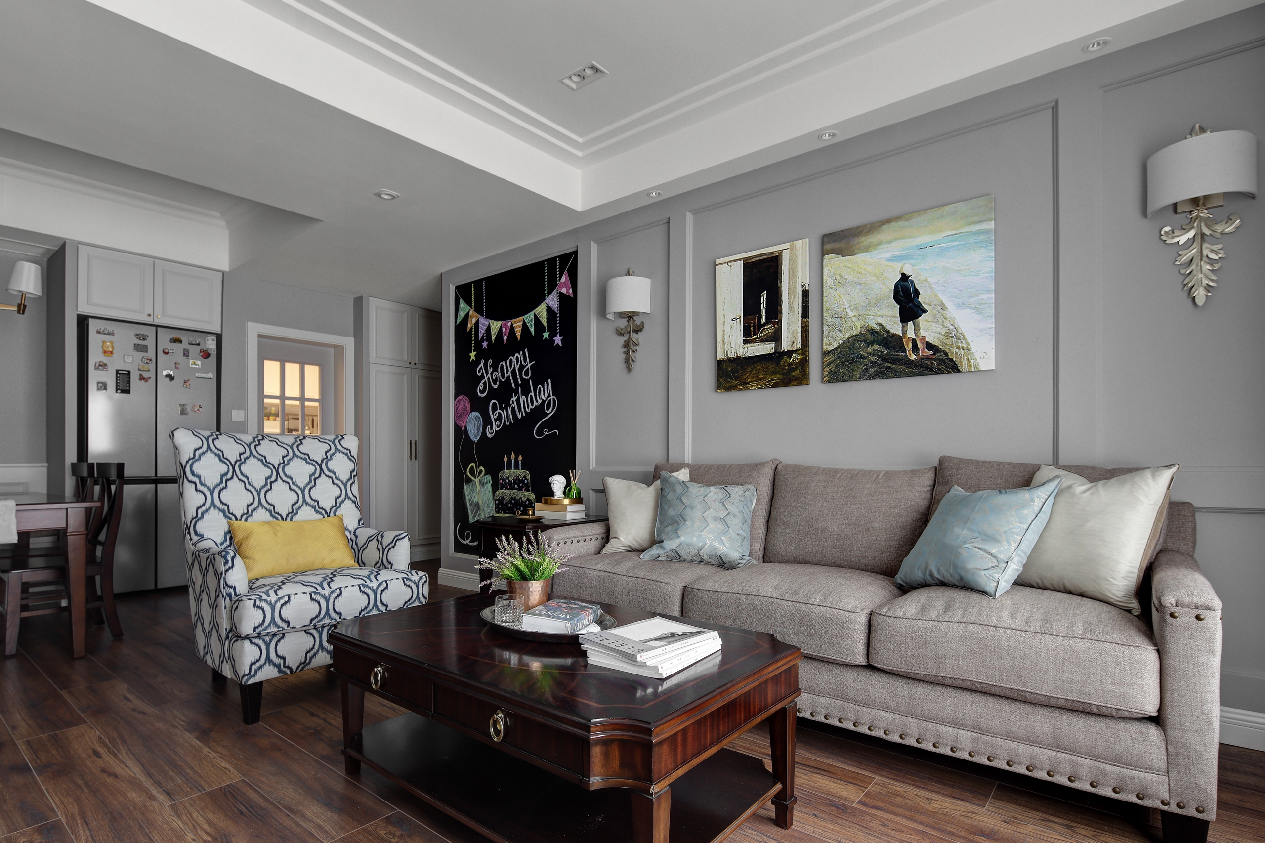 现代美式三居室客厅沙发墙装修效果图