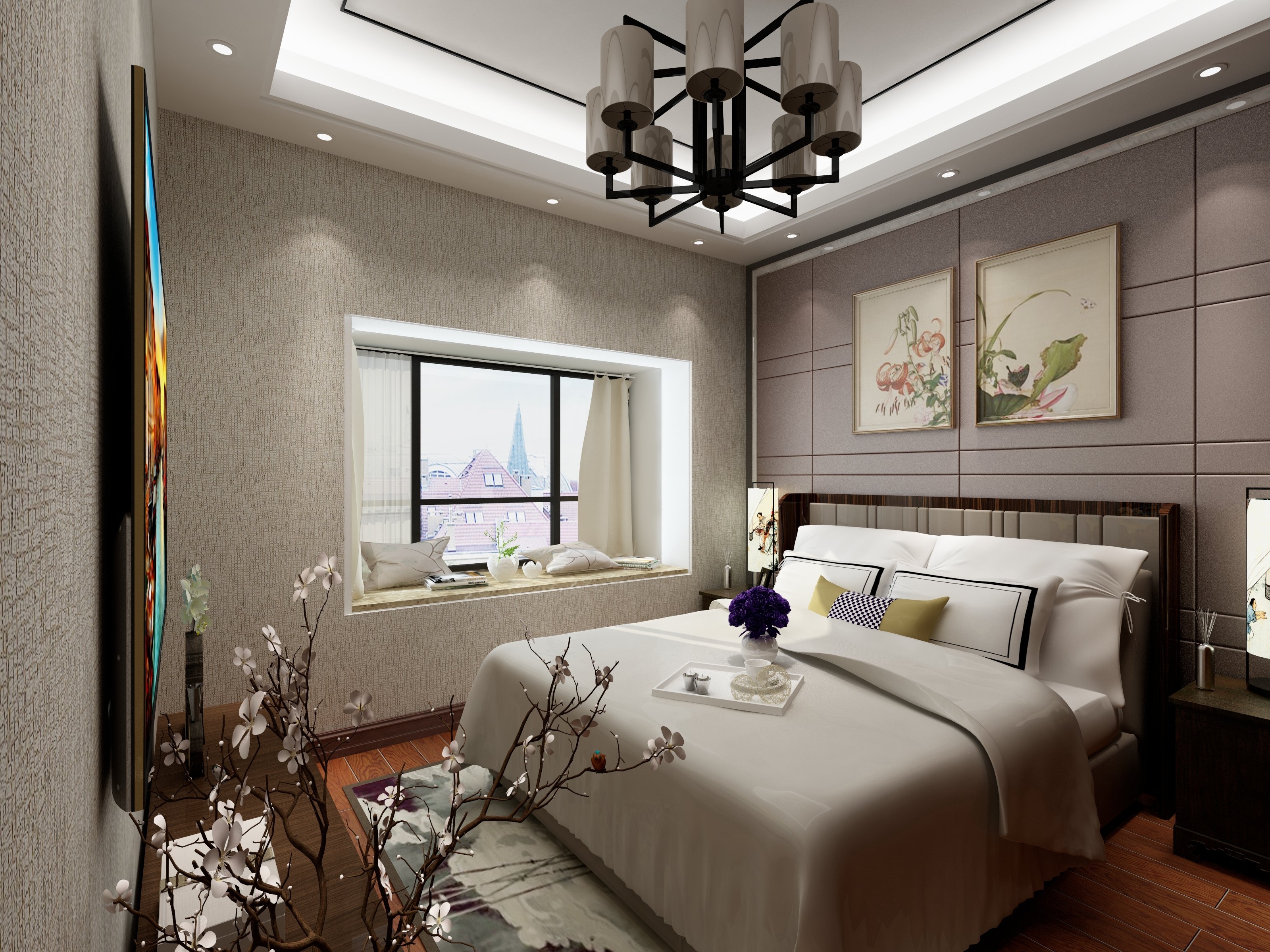 中式风格,90平米装修,三居室装修,20万以上装修,卧室,背景墙,米色