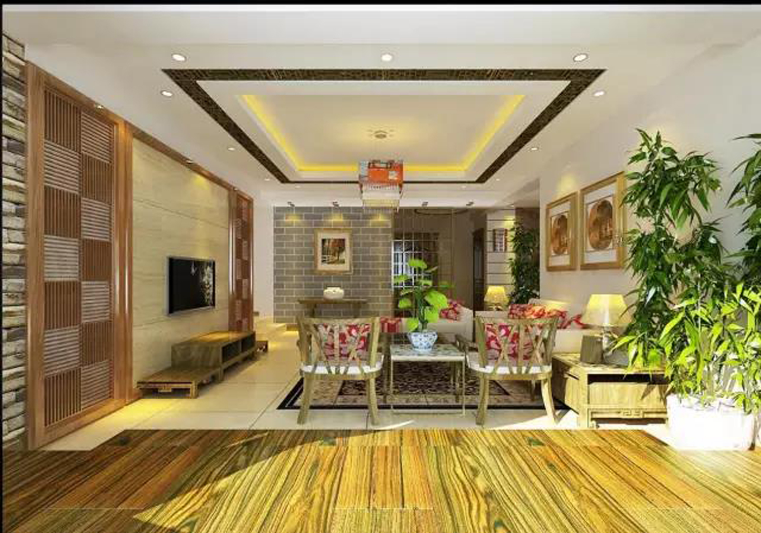 中式风格,15-20万装修,二居室装修,90平米装修,客厅,电视背景墙,暖色调