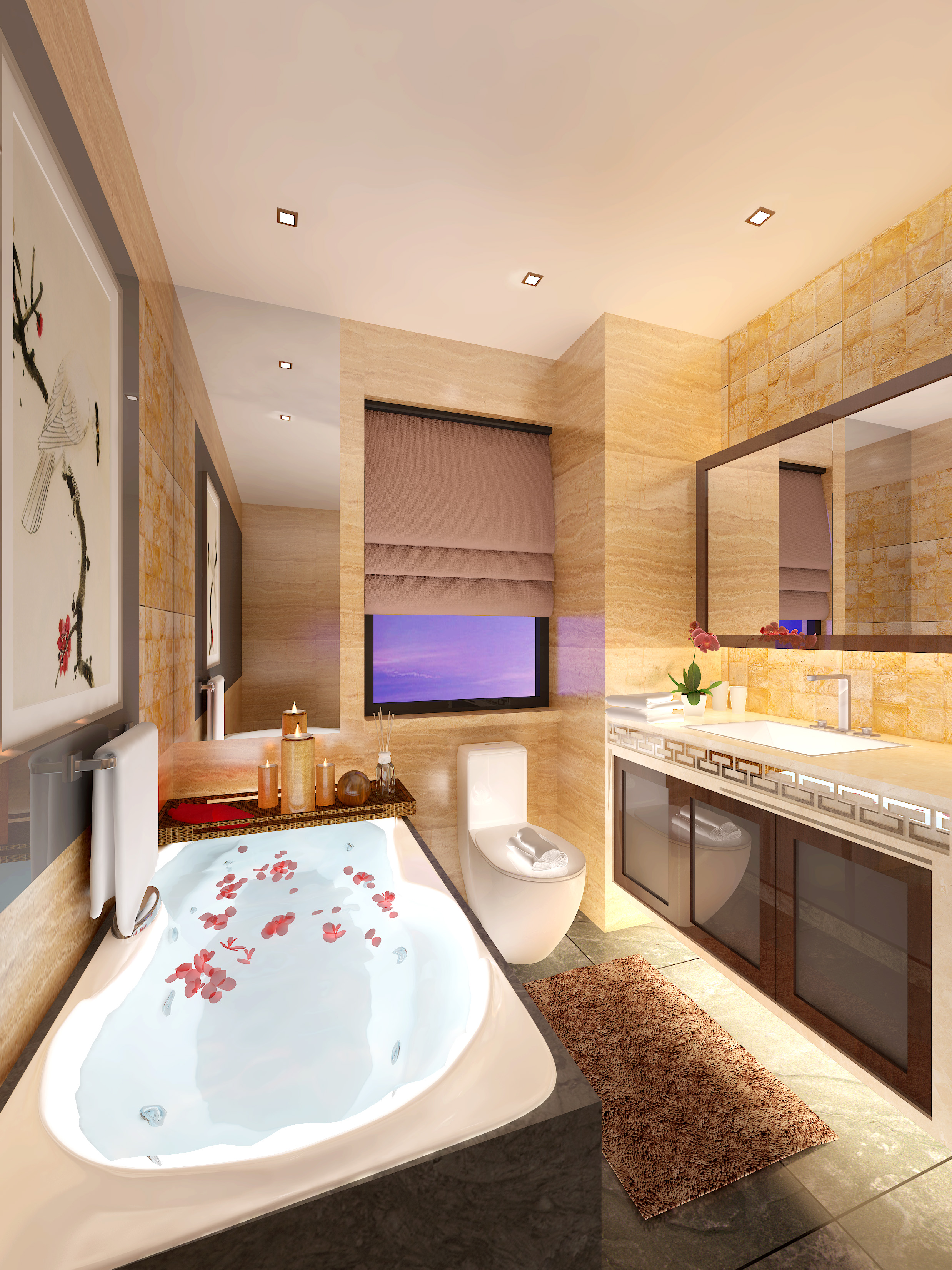 中式风格,四房装修,140平米以上装修,20万以上装修,卫生间,金色,瓷砖,浴缸