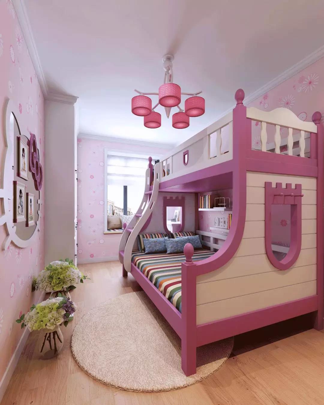 简约风格,90平米装修,10-15万装修,三居室装修,儿童房,儿童床,粉色,背景墙