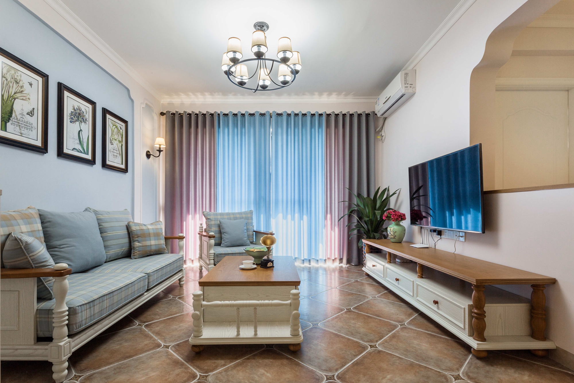 三居室装修,100平米装修,15-20万装修,客厅,沙发,沙发背景墙,美式风格,蓝色