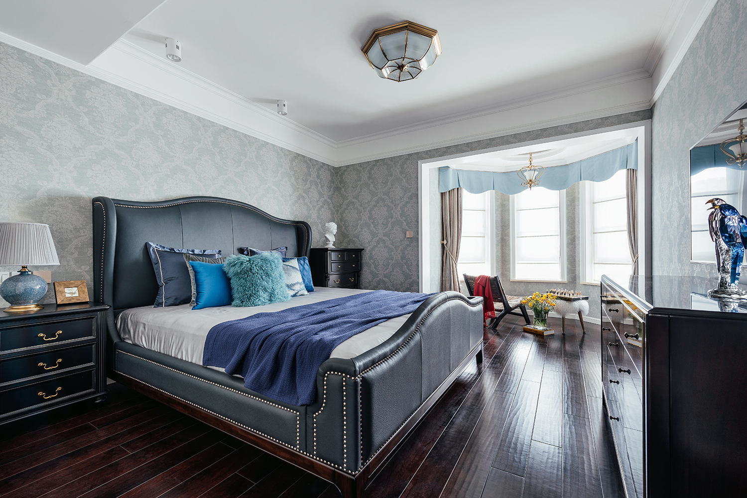 四房装修,140平米以上装修,20万以上装修,卧室,美式风格,卧室背景墙,蓝色