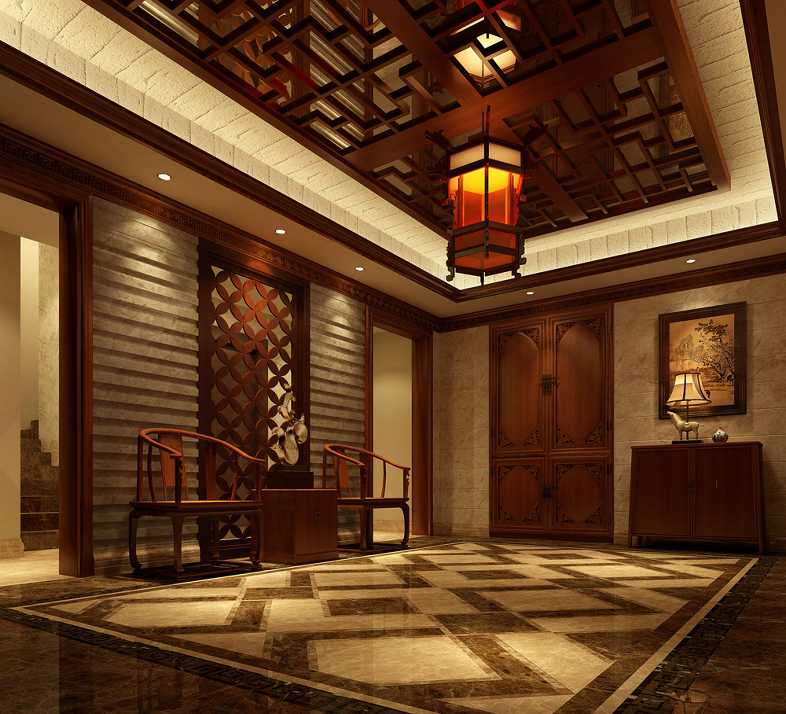 中式风格别墅门厅装修效果图