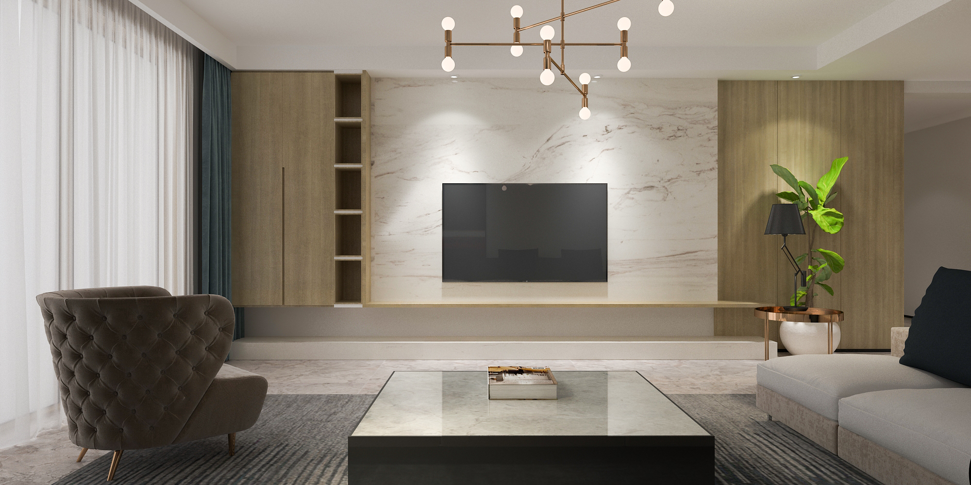 现代简约四居室电视背景墙装修效果图
