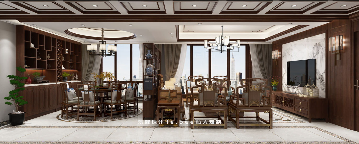 中式风格,四房装修,大户型,20万以上装修,客厅,餐厅,吊顶