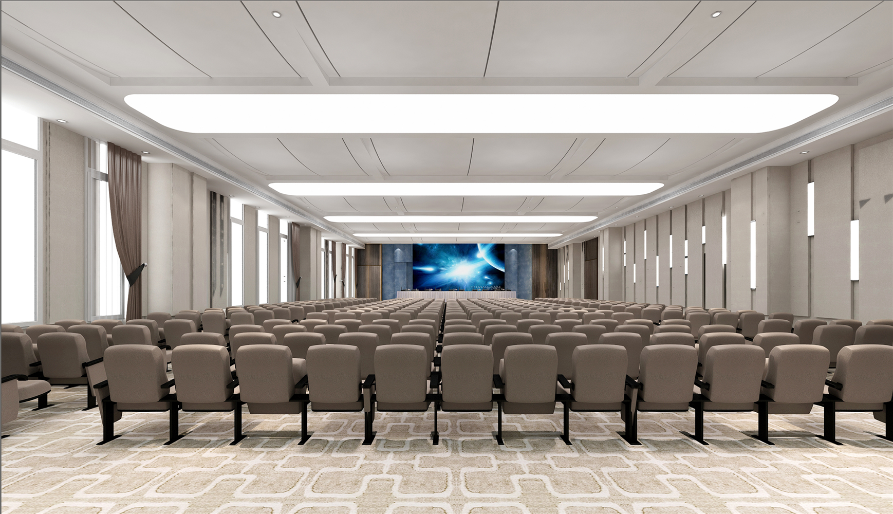 顶面是铝板结合大面的软膜造型,墙面硬包,地面地毯