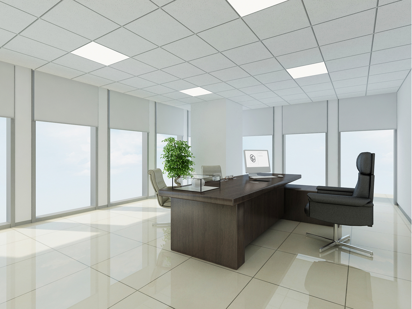 老总办公室矿棉板吊顶800800地砖墙面乳胶漆