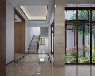 新中式风格别墅楼梯过道装修效果图