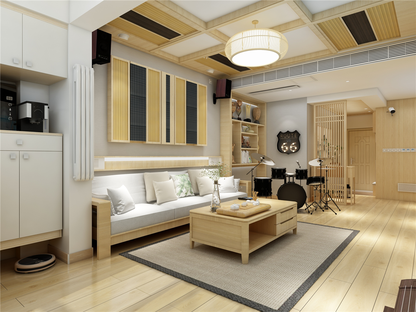 装修沙发背景墙效果图复古日式公寓客厅沙发效果图日式宜家小沙发效果