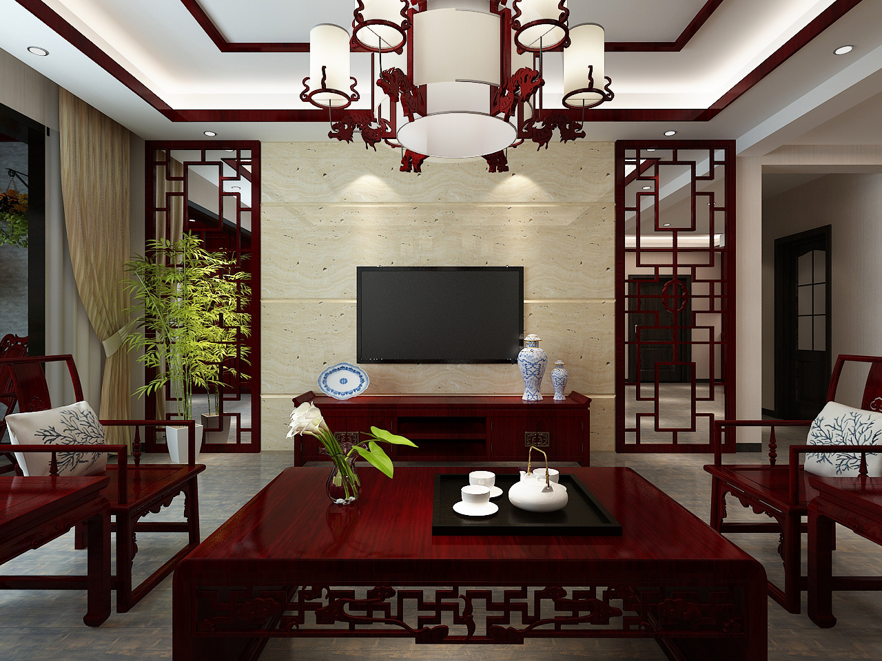 中式风格,20万以上装修,三居室装修,140平米以上装修
