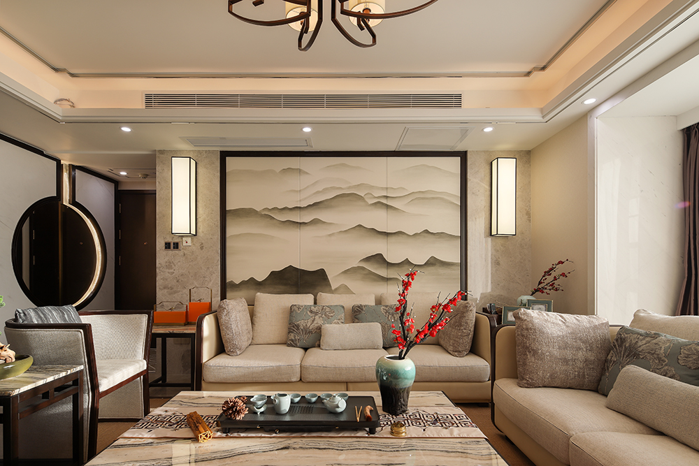 新中式风格三居室沙发背景墙装修效果图