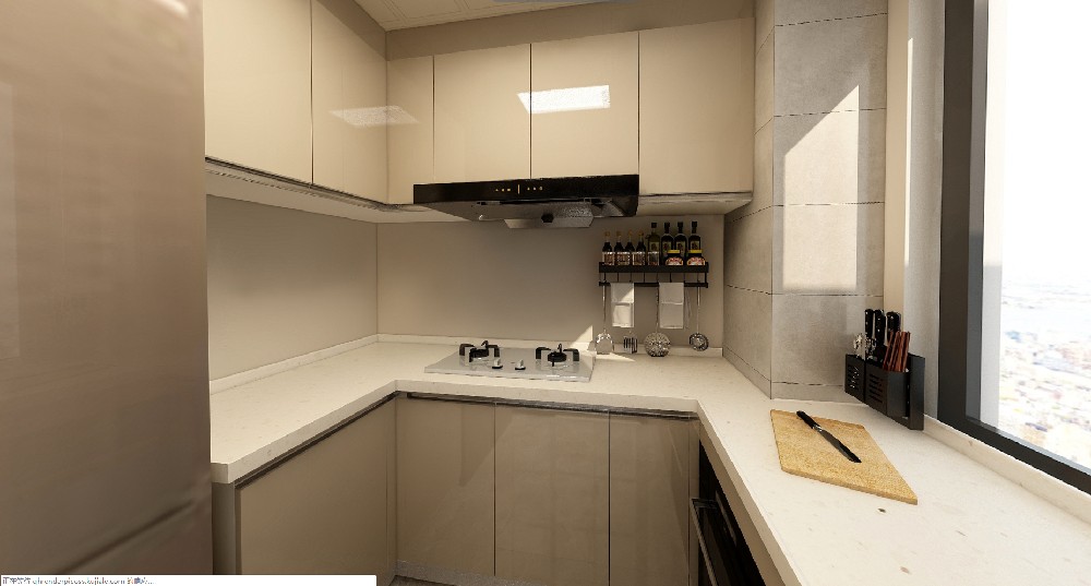 厨房选用米色橱柜门板u型橱柜布局,尽可能大的给业主保留操作空间.