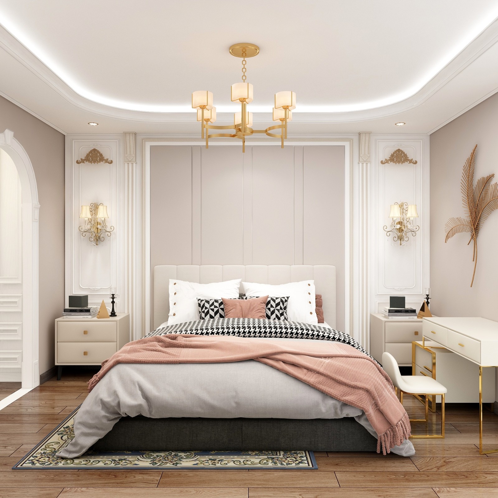 主卧床头背景为与主风格相符采用硬装设计,搭配金属线条,简洁大气又不