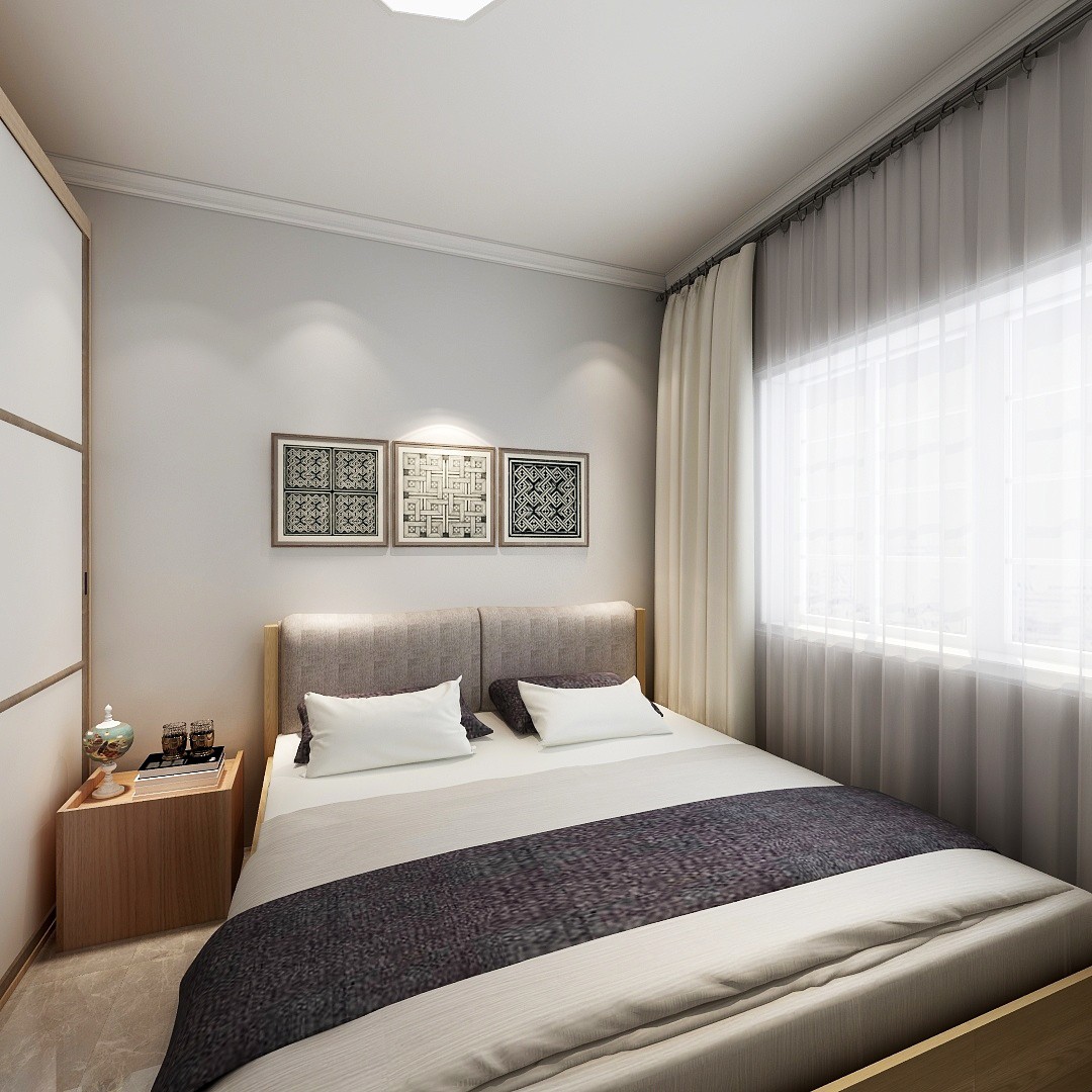 主卧没有过多的硬装设计,顶角采用了线条流畅的石膏线做为装饰