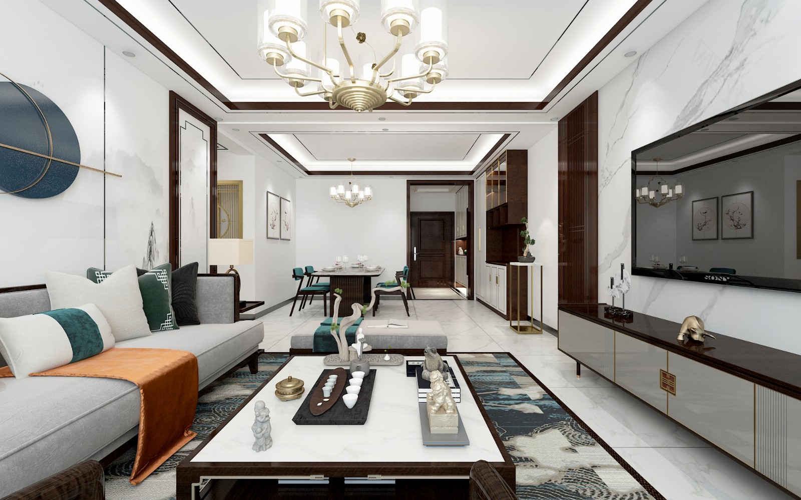 0万143平米中式三房装修效果图,新中式风格装修案例效果图-齐家装修网