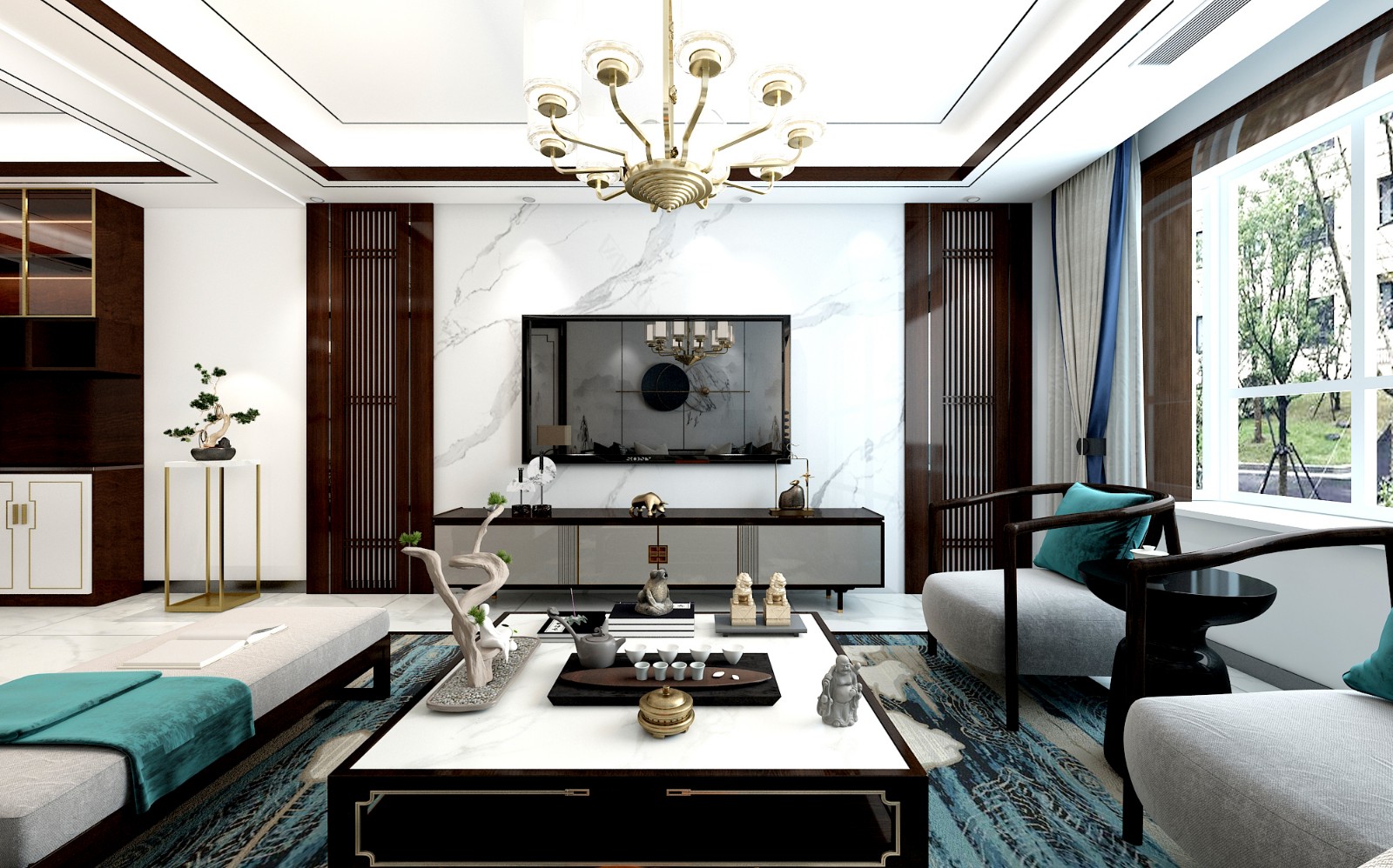 0万143平米中式三房装修效果图,新中式风格装修案例效果图-齐家装修网