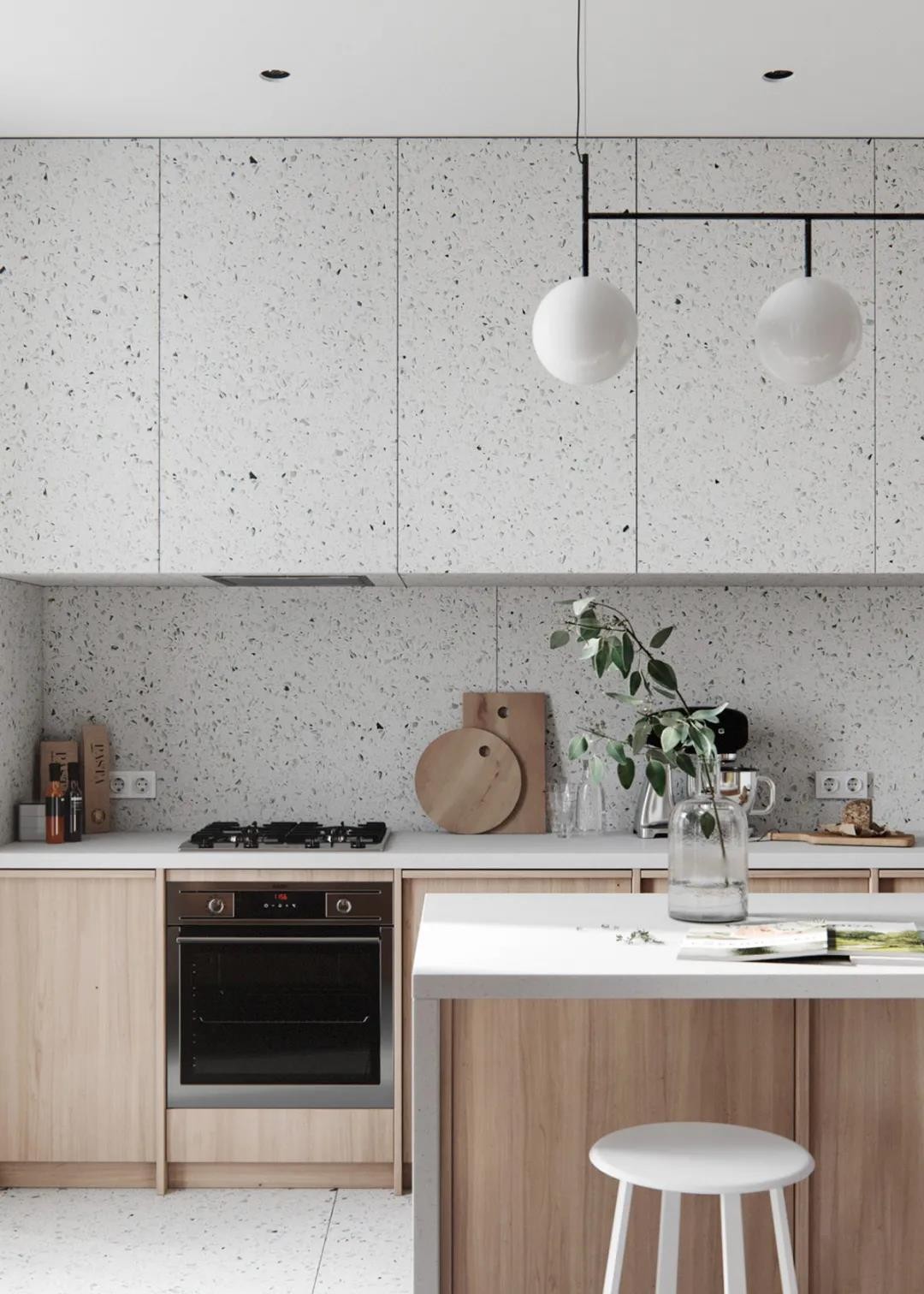 厨房区转换为水磨石的地面,看起来更加的清爽利落