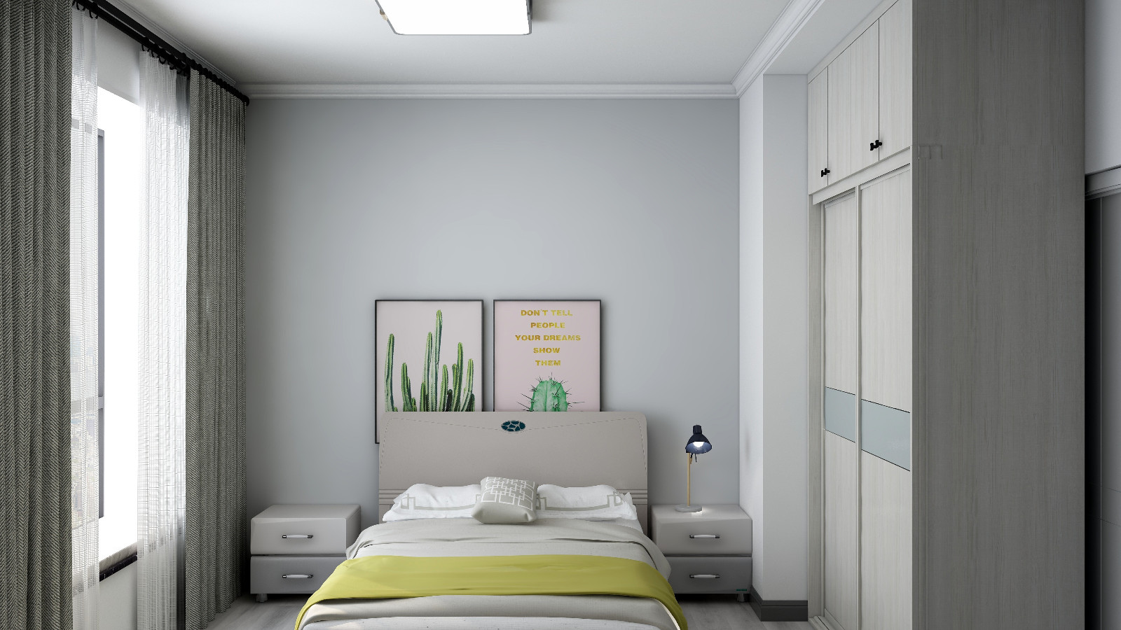 主卧室,干净的墙面,配合局部木饰面,现代感十足,又不失温馨感