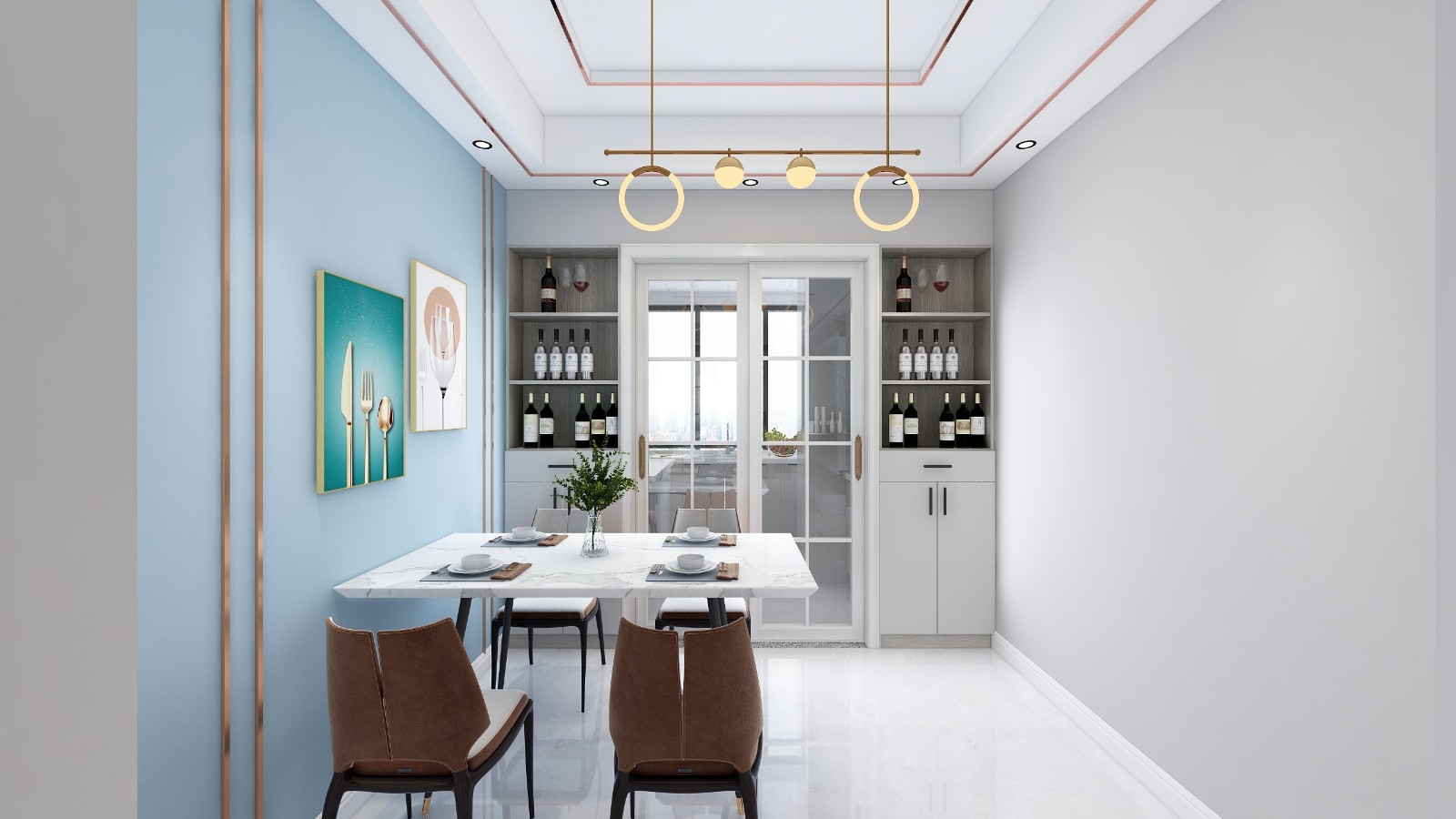 厨房两边酒柜中间移门卧室衣柜书桌一体,靠窗安装墙布配装饰画床头