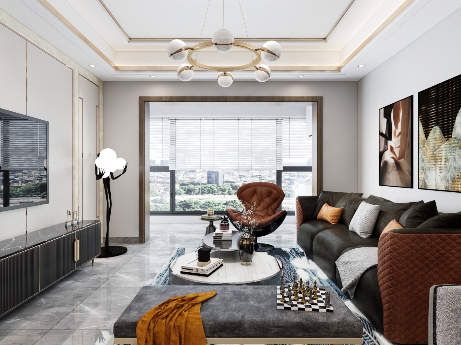 客厅为轻奢风格,电视背景墙做了金属线条的包边.