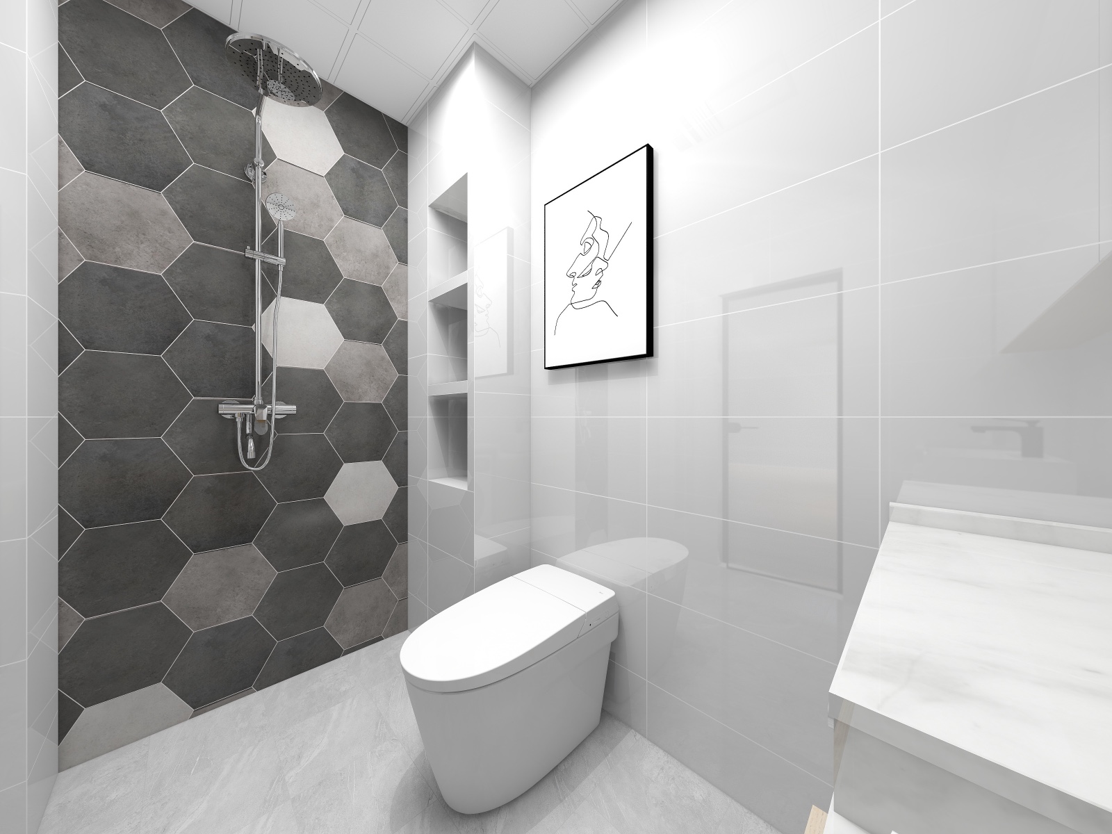 原木色浴室柜与浅灰色墙砖,一冷一暖,营造轻松空间
