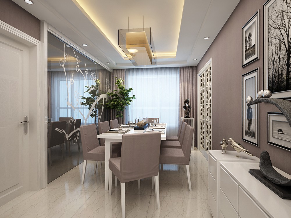 餐厅的吊顶做回字形吊顶,餐桌背景墙用镜面满贴,使小空间不那么压抑.