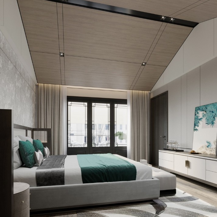 简化古建筑的"抬梁式"屋檐结构,将它以现代吊顶的形式呈现在主卧空间.
