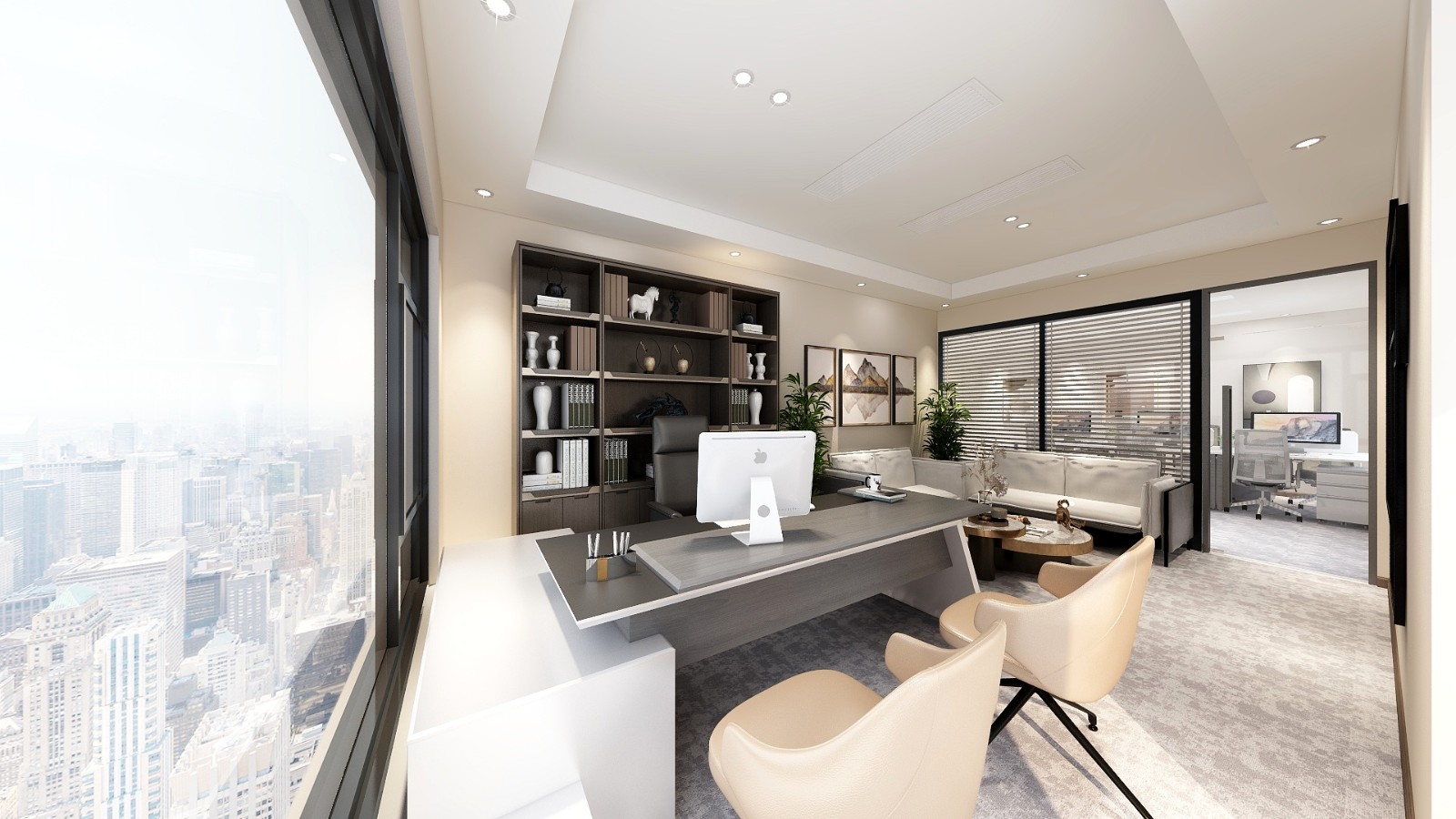 办公室顶面舍弃了传统的叠级,更显得简洁大方,同色系的家具及定制柜子