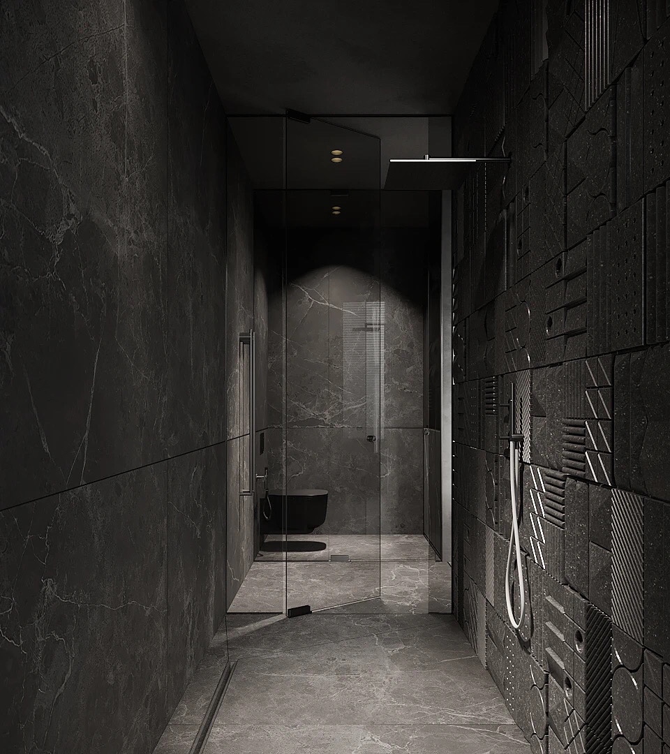 卫生间立面运用黑色大理石墙壁,让氛围沉稳而具有格调,嵌入式衣柜很好