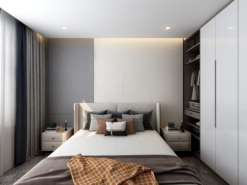 卧室无主灯加灯带设计 结合不规则墙板设计  使空间更加温馨有质感