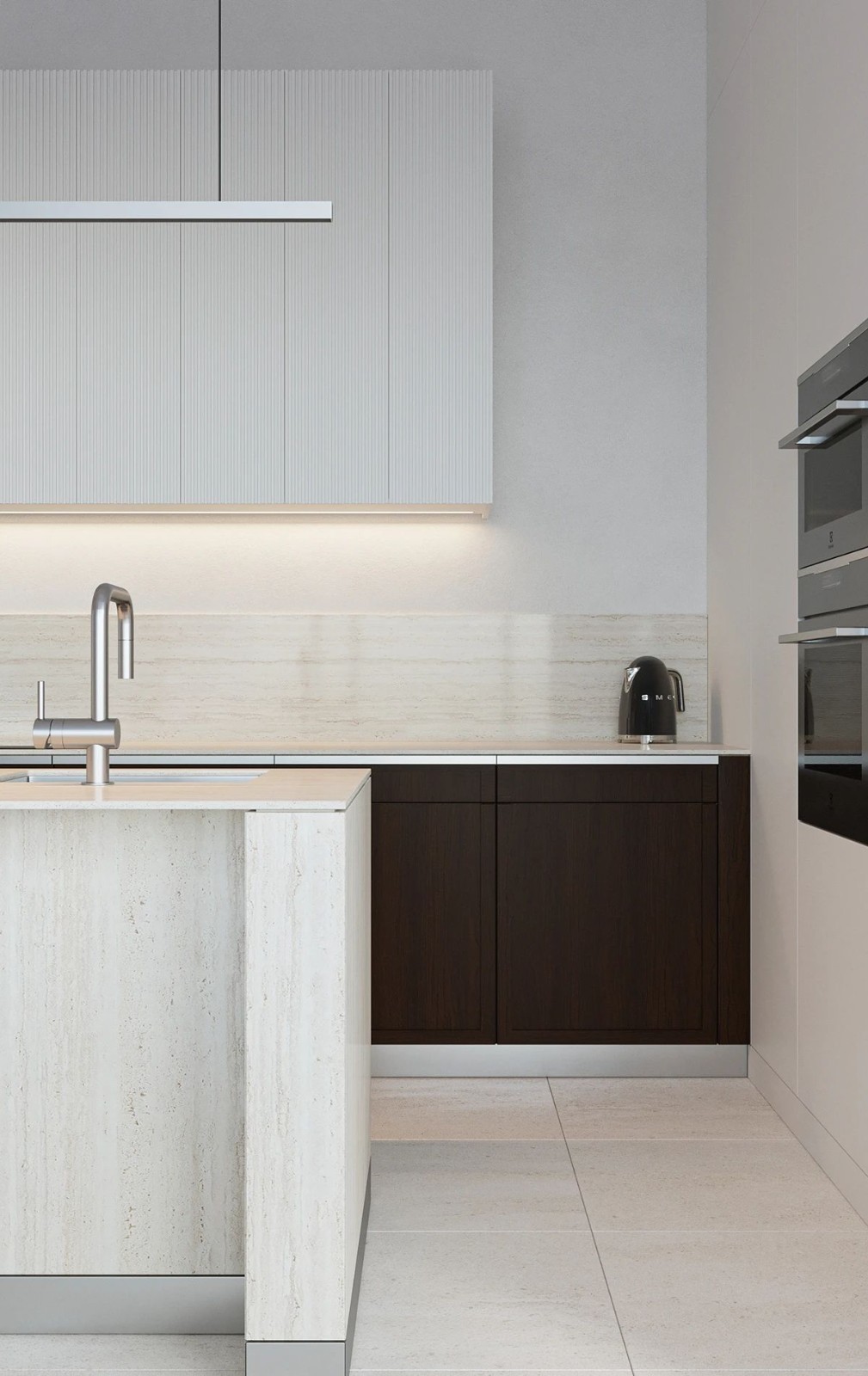 格栅板柜门丰富了这一隅的韵律 在灯带的渲染下更显温润